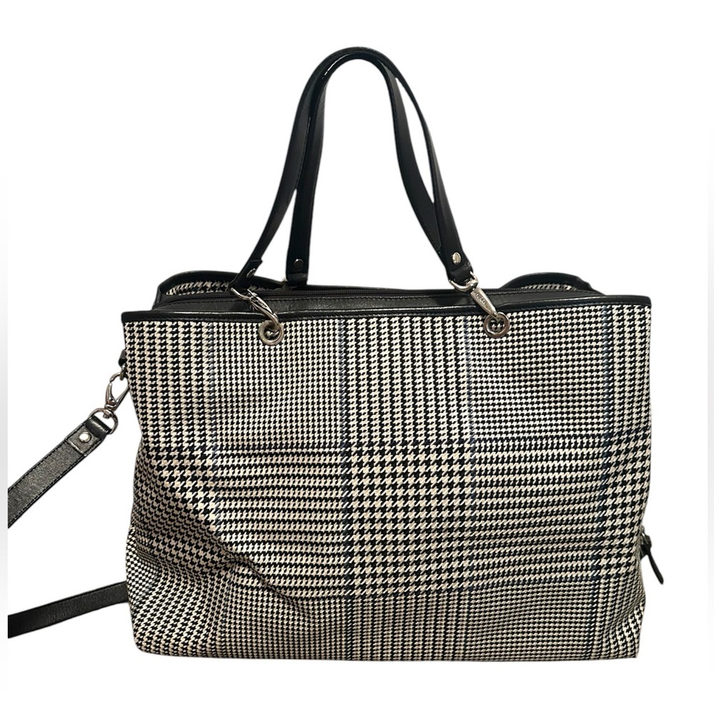 RALPH LAUREN EXTRA LARGE BLACK WHITE BLUE PLAID HOUNDSTOOTH TOTE BAG PURSE - Picture 5 of 9